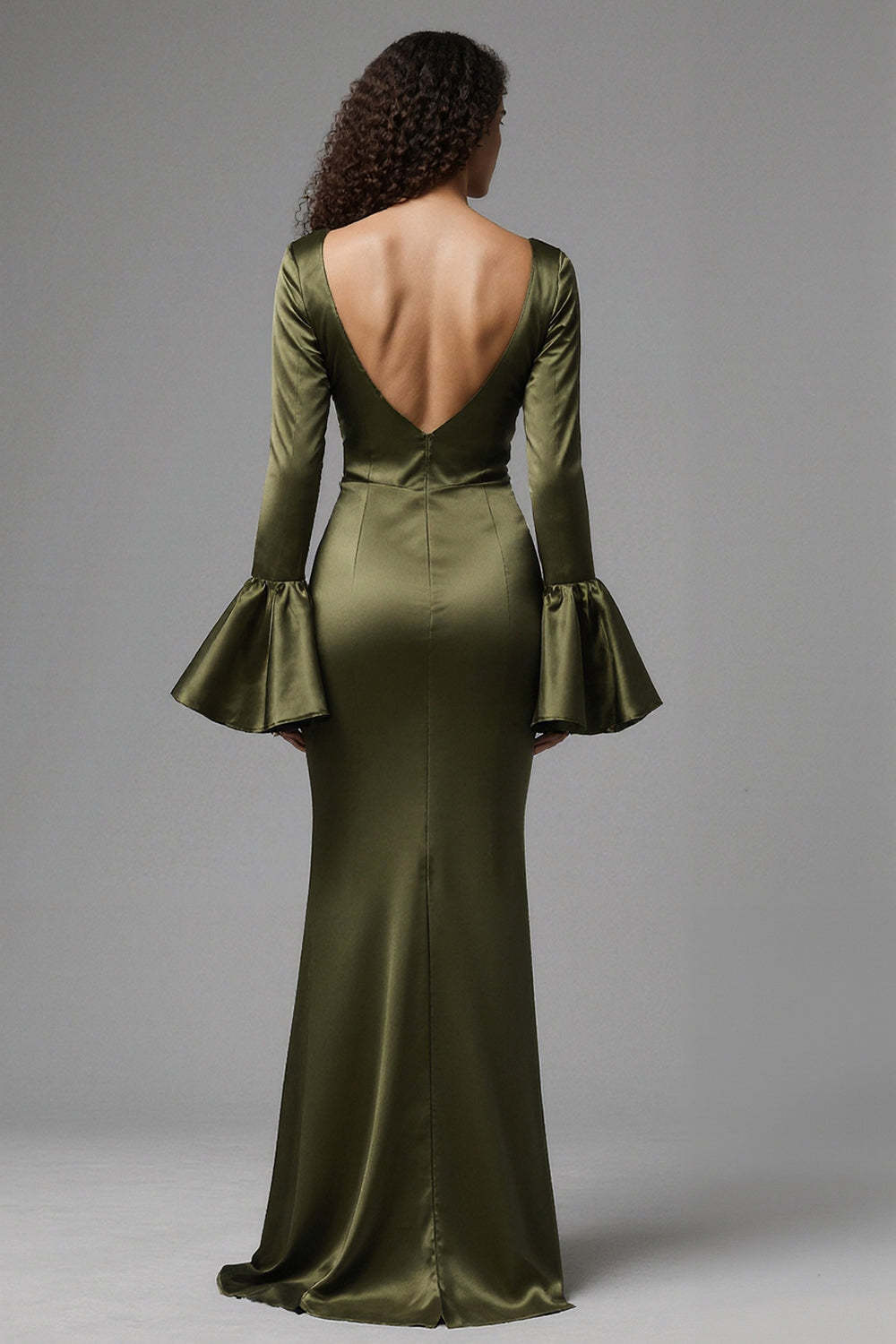 Suzhoufashion Olive Satin Square Neck Mermaid Flare Sleeves Long Evening Dress With Slit