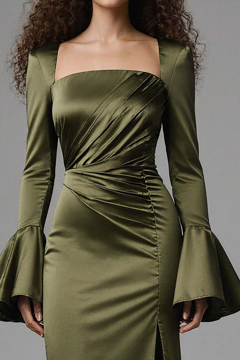 Suzhoufashion Olive Satin Square Neck Mermaid Flare Sleeves Long Evening Dress With Slit