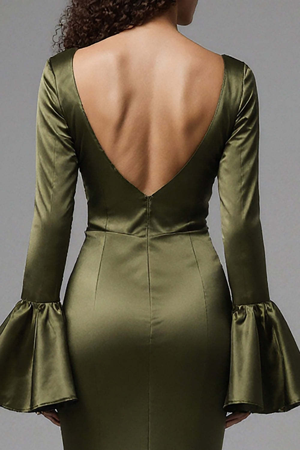 Suzhoufashion Olive Satin Square Neck Mermaid Flare Sleeves Long Evening Dress With Slit