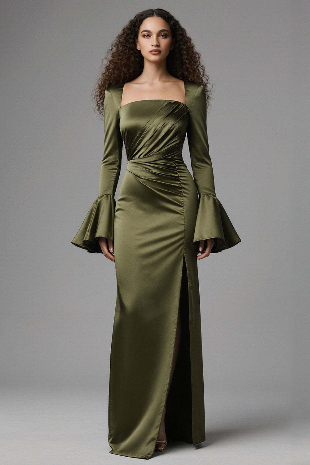 Suzhoufashion Olive Satin Square Neck Mermaid Flare Sleeves Long Evening Dress With Slit