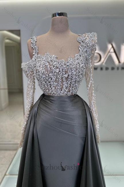 Olive Square Neck Prom Dress A Line Panel Train Satin Formal Dress With Pearls
