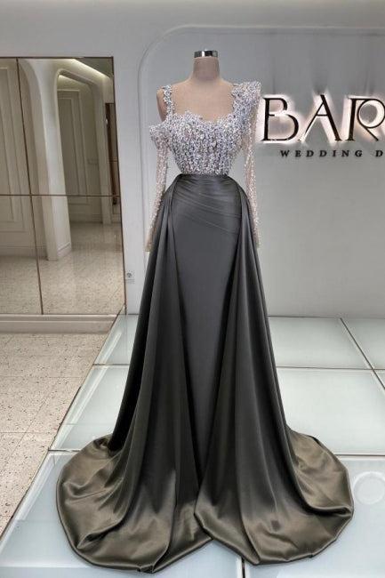Olive Square Neck Prom Dress A Line Panel Train Satin Formal Dress With Pearls