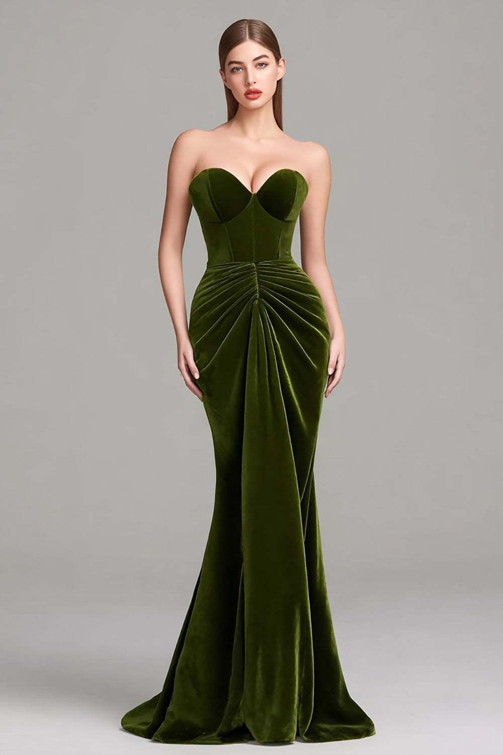 Suzhoufashion Olive Velvet Mermaid Weetheart Ruched Long Corset Prom Dress