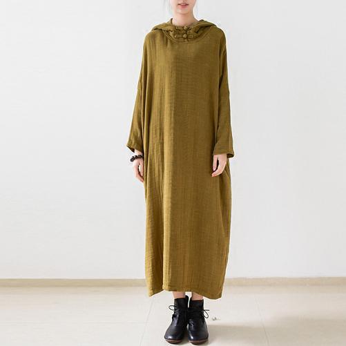 Olive double layered long sleeve linen dresses hooded long cotton maxi dresses
