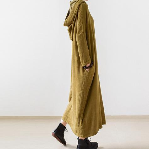 Olive double layered long sleeve linen dresses hooded long cotton maxi dresses