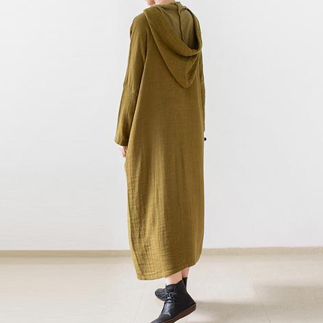 Olive double layered long sleeve linen dresses hooded long cotton maxi dresses