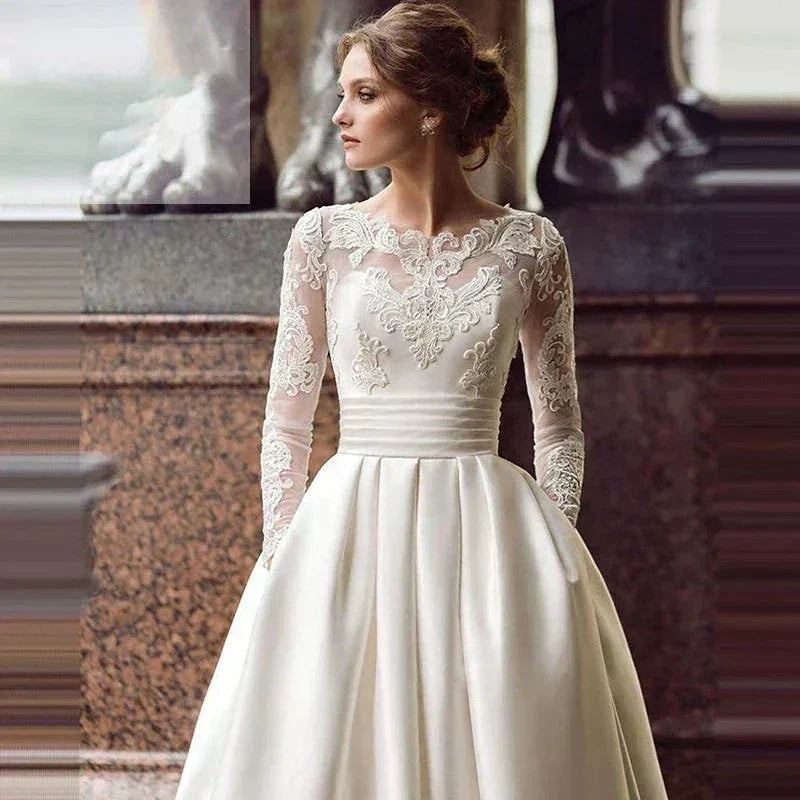 Pleat Satin Wedding Dresses 2023 Lace Appliques Sweep Train Long Sleeve Neck Formal Occasion Bridal dress robe de mari�e (ZD13512) - VelvetHem