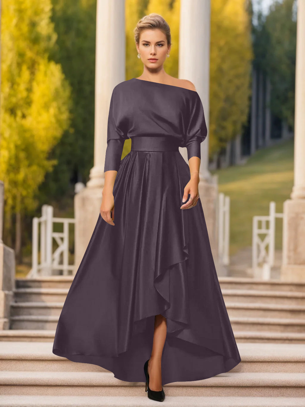 One Shoulder A Line Dress with 3/4 Sleeves for Mothers of the Bride & Groom