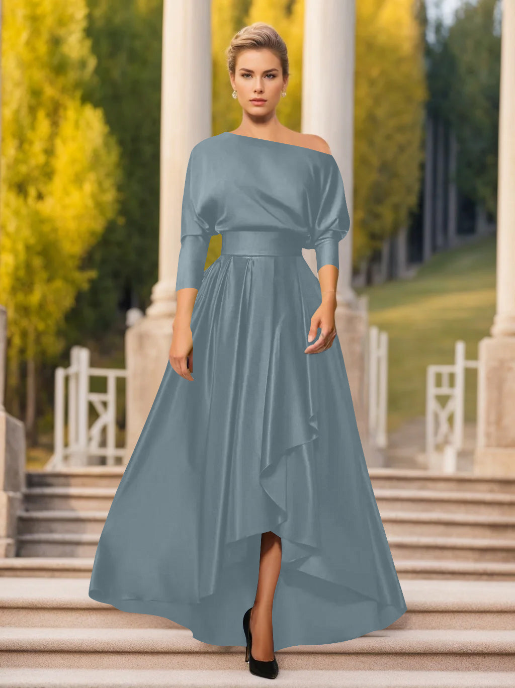 One Shoulder A Line Dress with 3/4 Sleeves for Mothers of the Bride & Groom