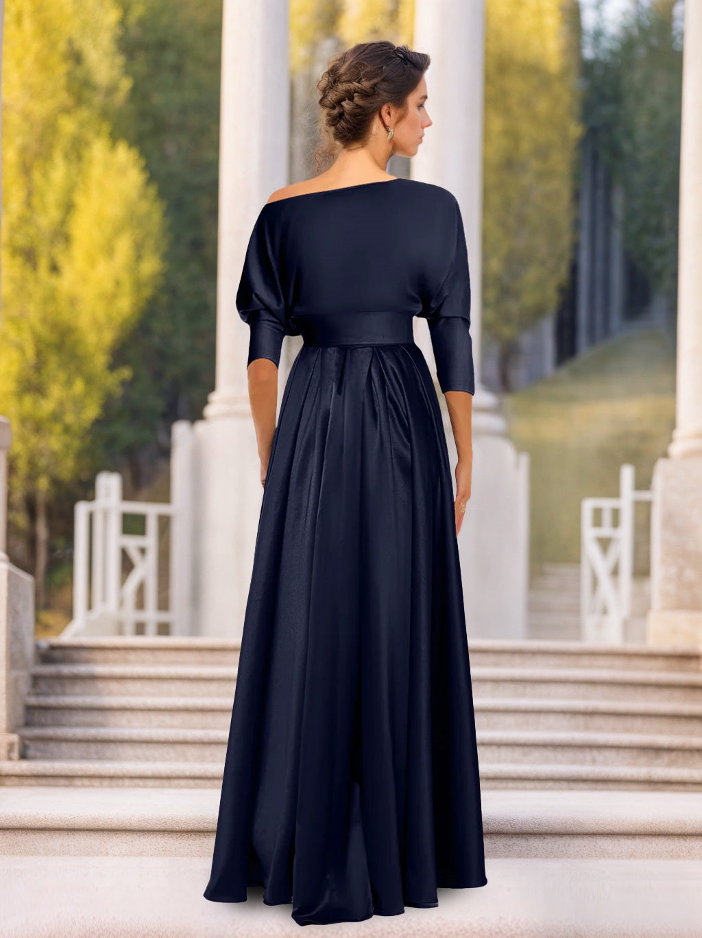 One Shoulder A Line Dress with 3/4 Sleeves for Mothers of the Bride & Groom