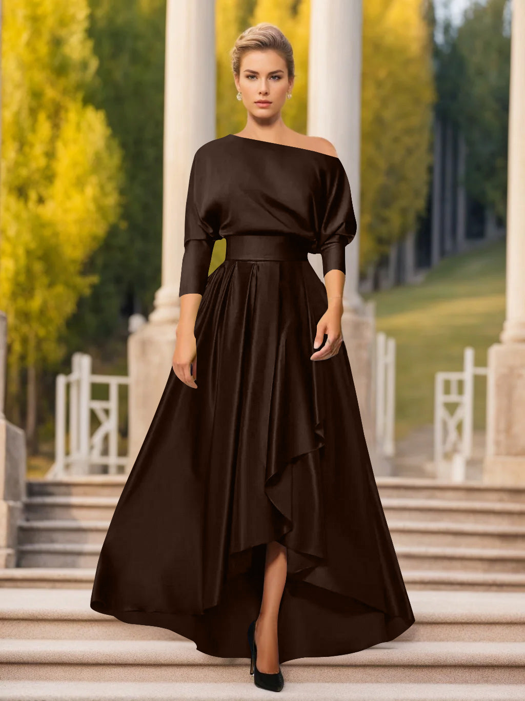 One Shoulder A Line Dress with 3/4 Sleeves for Mothers of the Bride & Groom