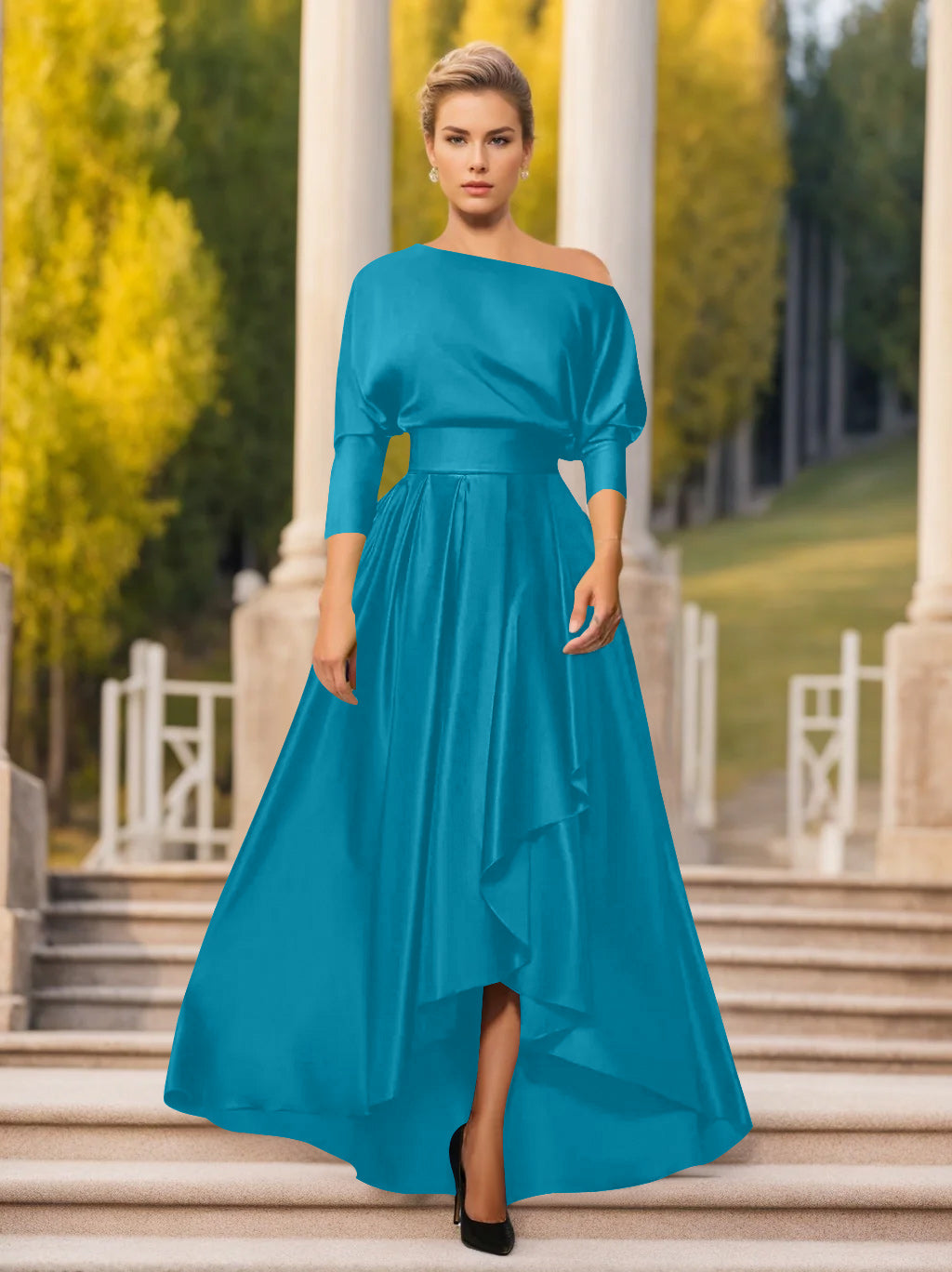 One Shoulder A Line Dress with 3/4 Sleeves for Mothers of the Bride & Groom