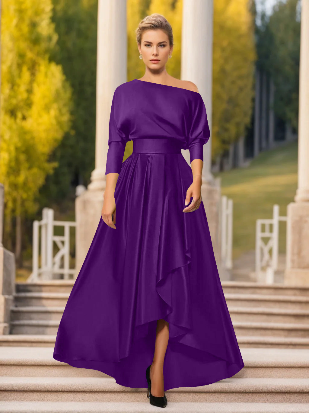 One Shoulder A Line Dress with 3/4 Sleeves for Mothers of the Bride & Groom