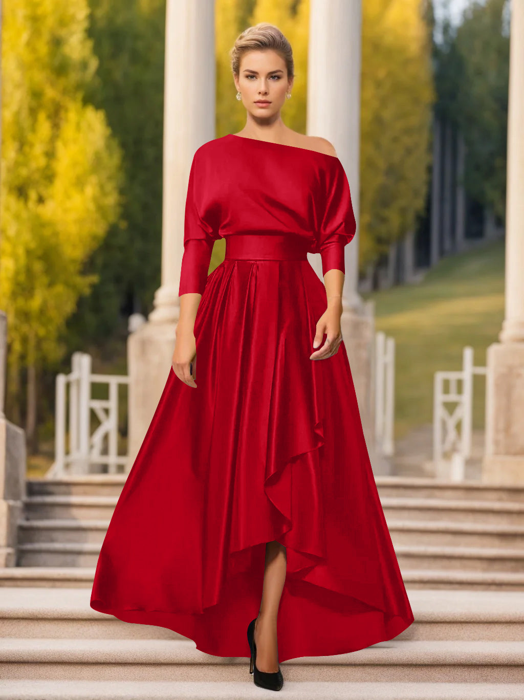 One Shoulder A Line Dress with 3/4 Sleeves for Mothers of the Bride & Groom