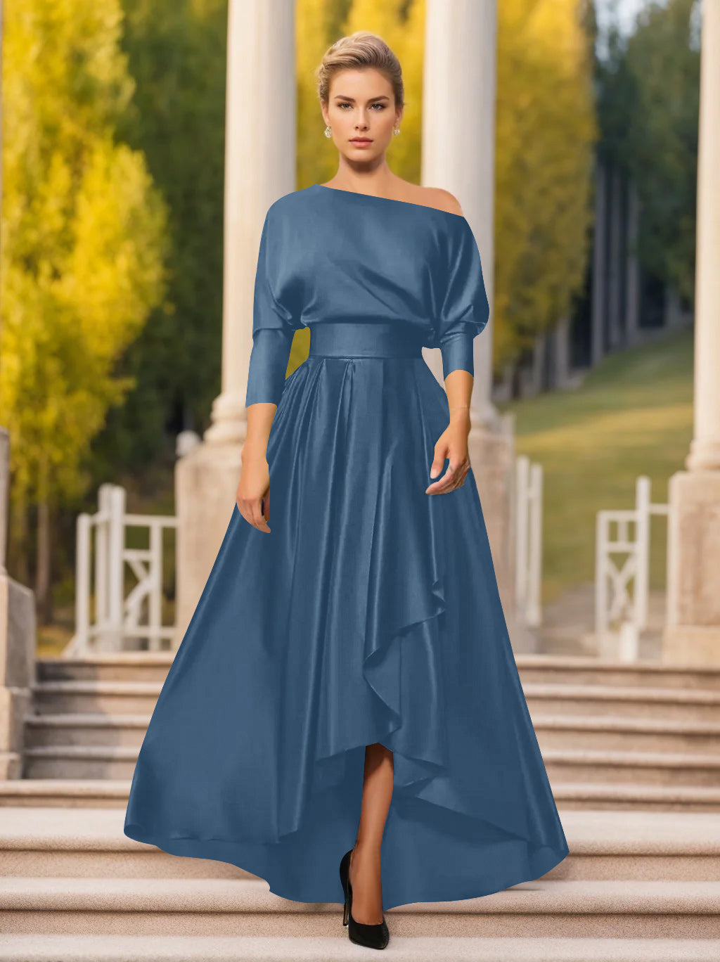 One Shoulder A Line Dress with 3/4 Sleeves for Mothers of the Bride & Groom