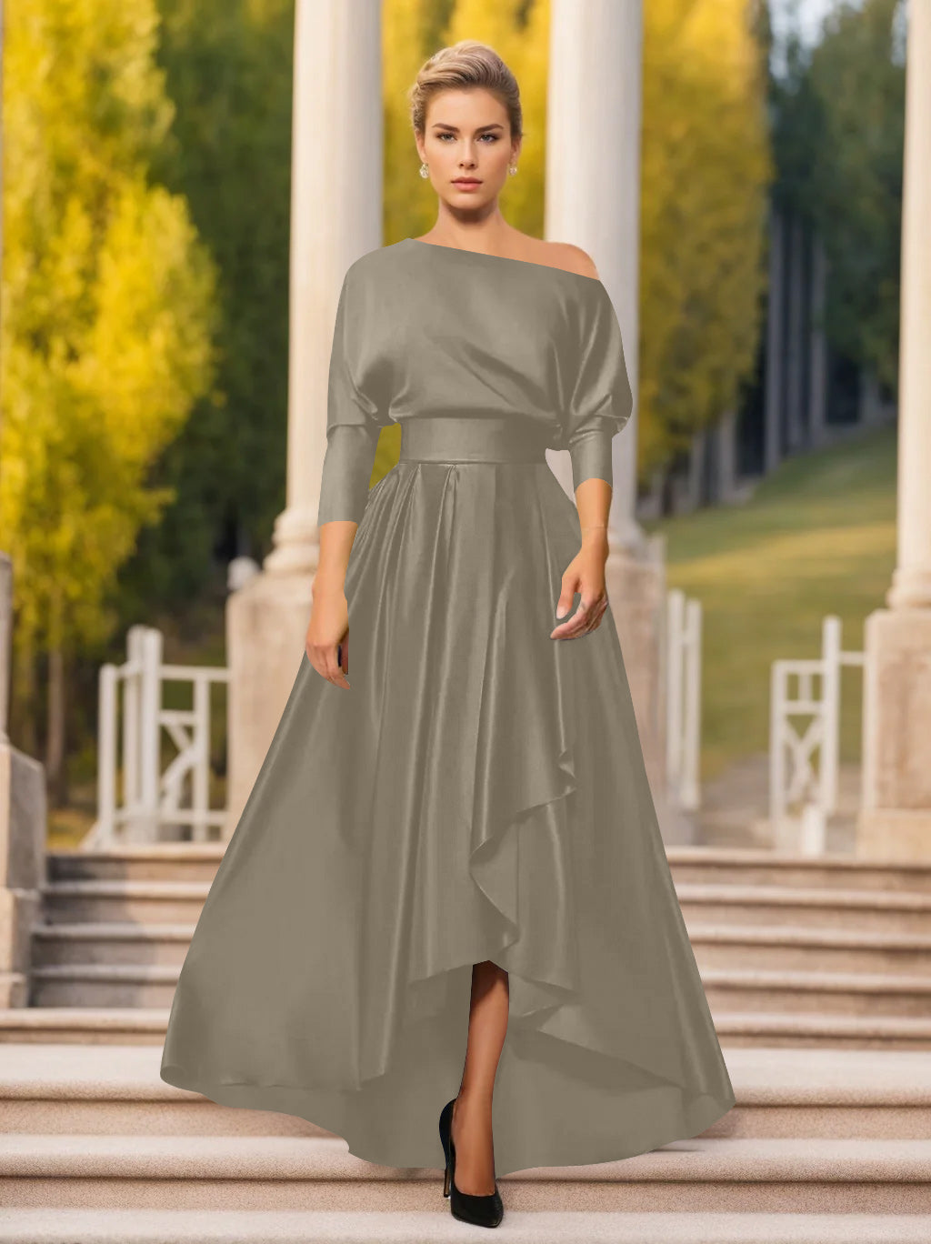 One Shoulder A Line Dress with 3/4 Sleeves for Mothers of the Bride & Groom