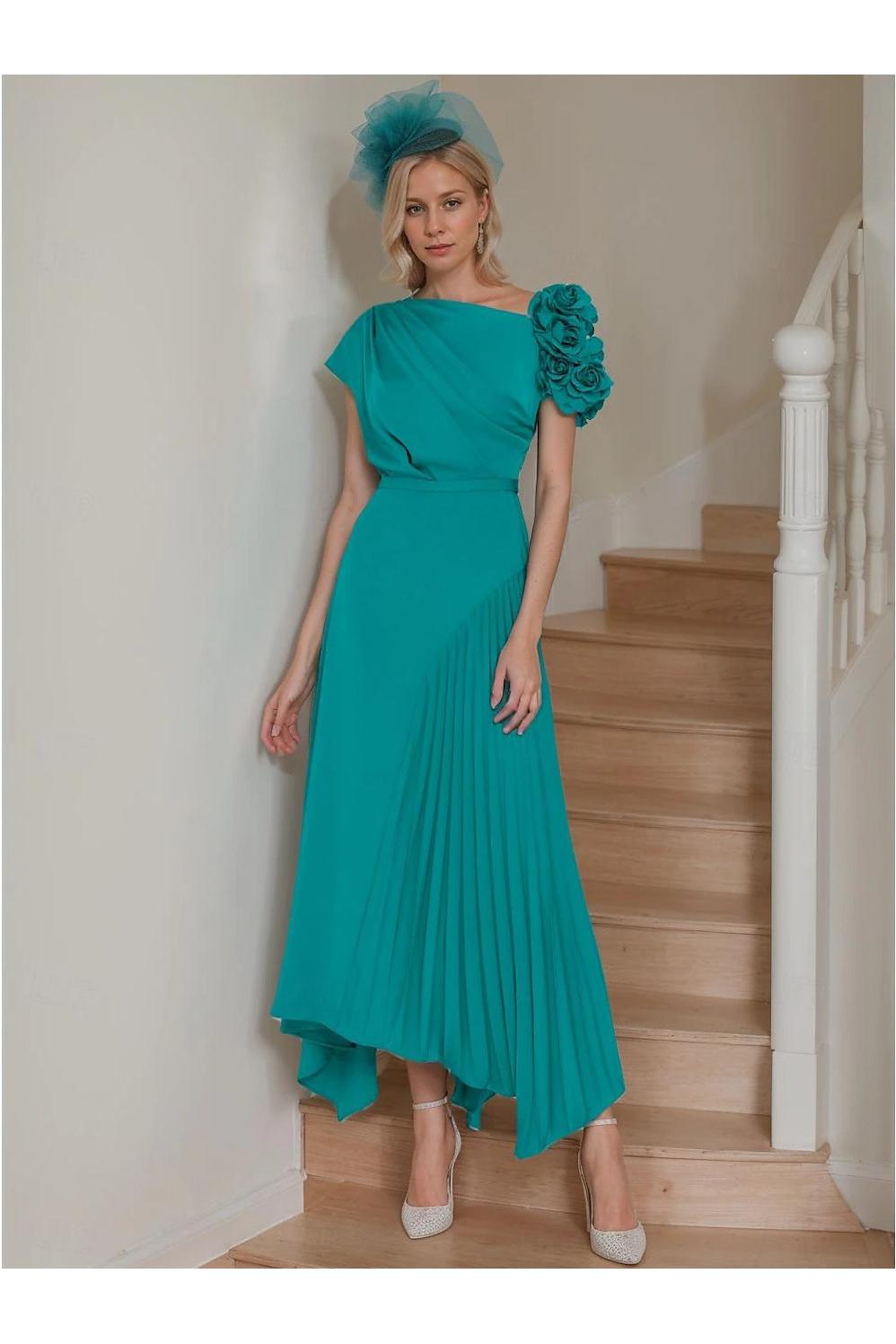 One Shoulder A Line Dress with Short Sleeves and Ruffles Ankle Length for the Mother of the Bride
