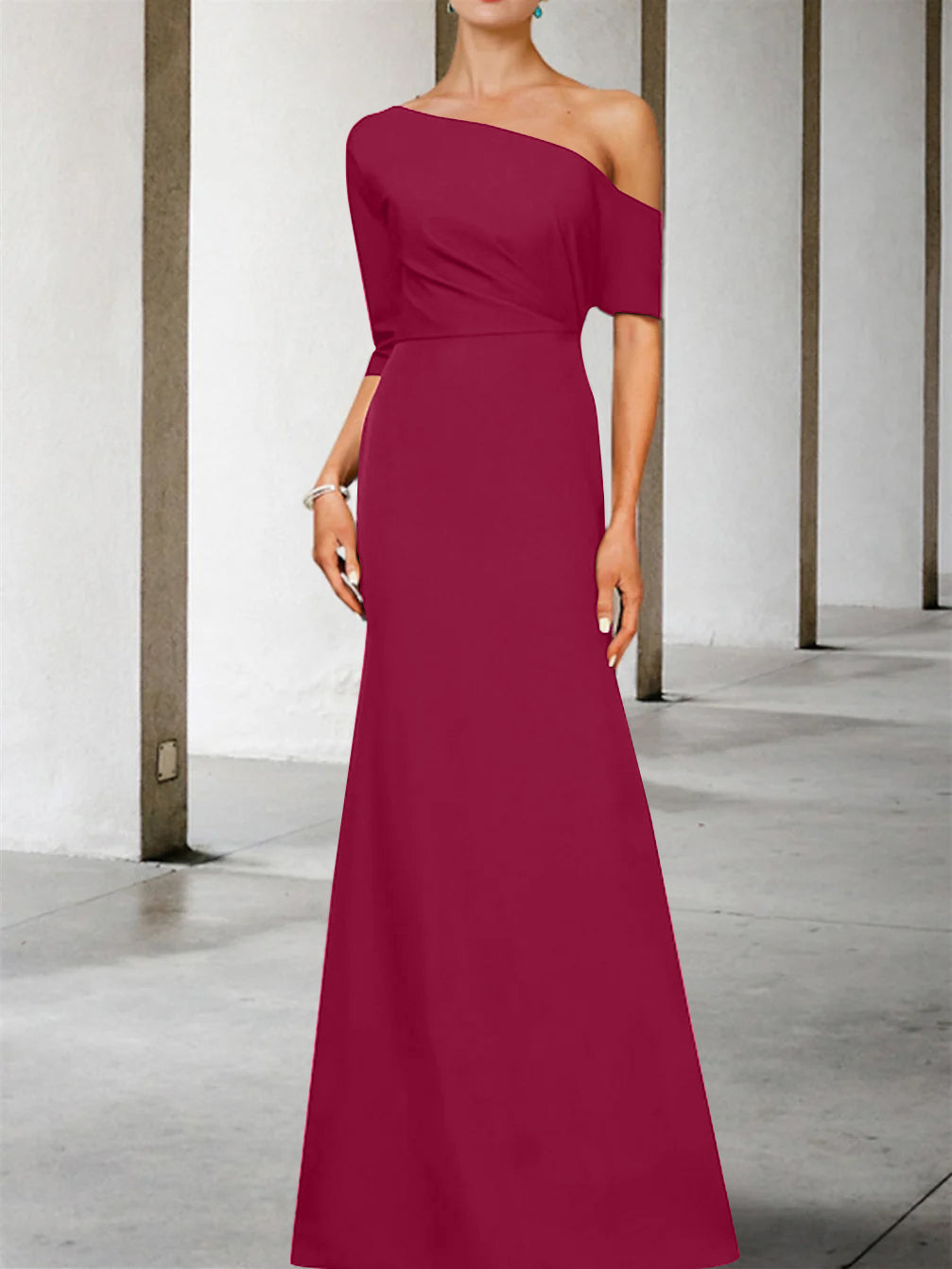 One Shoulder A Line Gown with 3/4 Sleeves for the Mother of the Bride