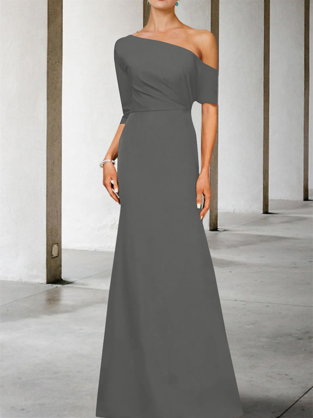 One Shoulder A Line Gown with 3/4 Sleeves for the Mother of the Bride