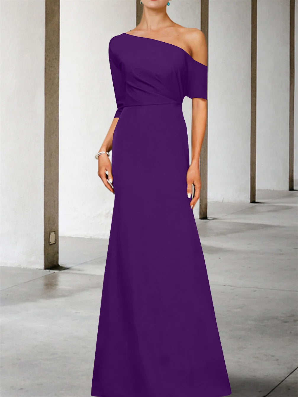 One Shoulder A Line Gown with 3/4 Sleeves for the Mother of the Bride