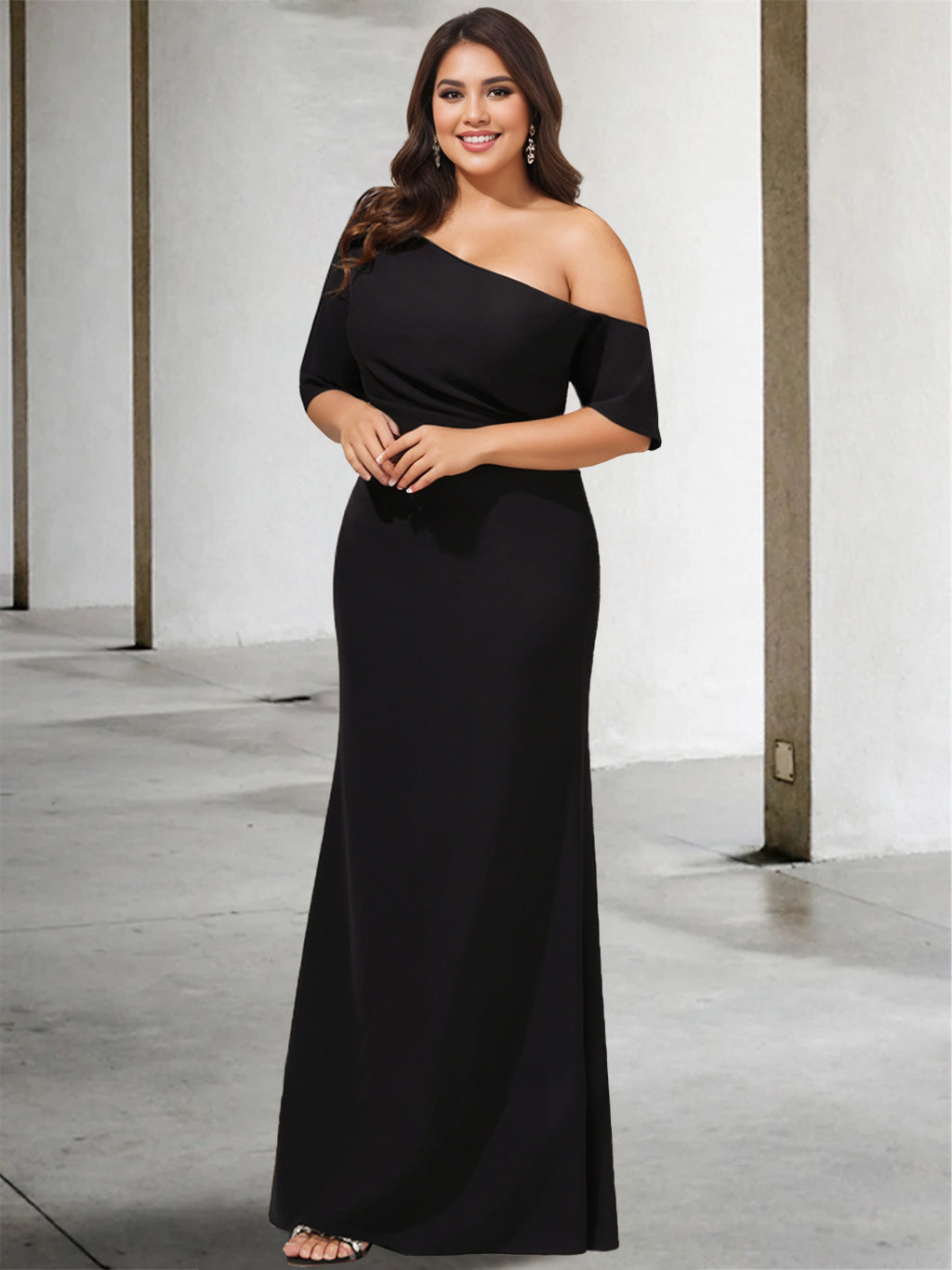 One Shoulder A Line Gown with 3/4 Sleeves for the Mother of the Bride