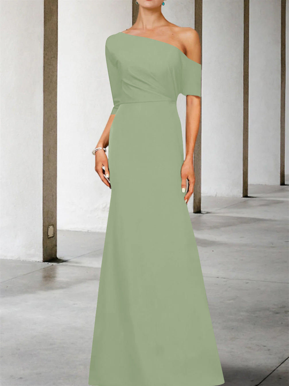 One Shoulder A Line Gown with 3/4 Sleeves for the Mother of the Bride