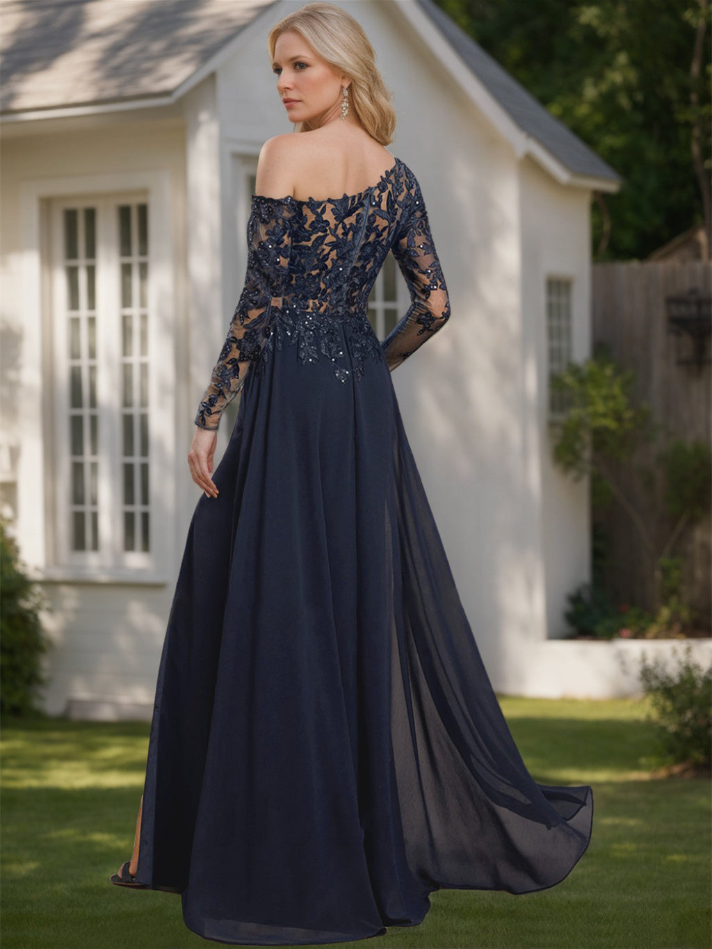 One Shoulder Long A Line Mother of the Bride Dress with Long Sleeves and High Slit