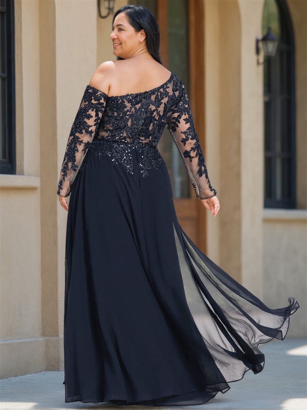 One Shoulder Long A Line Mother of the Bride Dress with Long Sleeves and High Slit