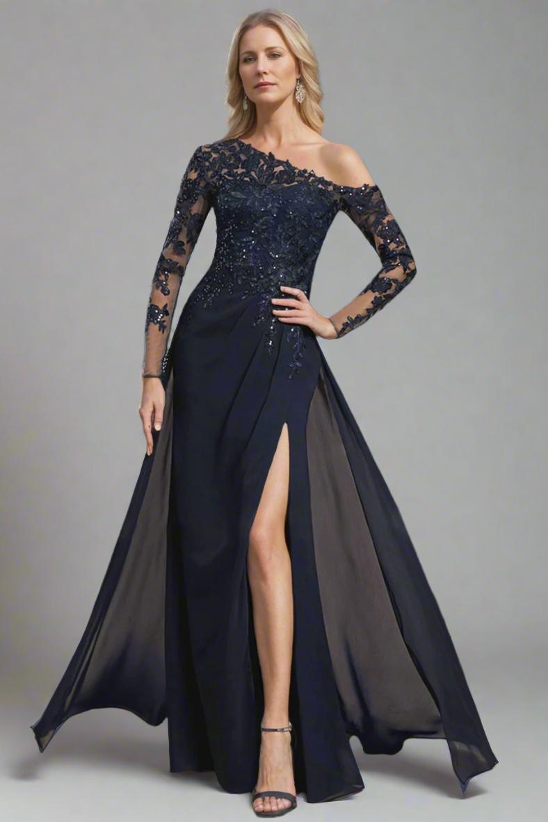 One Shoulder Long A Line Mother of the Bride Dress with Long Sleeves and High Slit