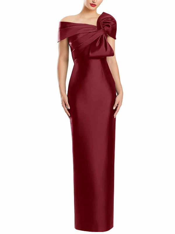 One Shoulder Long Mother of the Bride Gown with Bow in Sheath Column Style