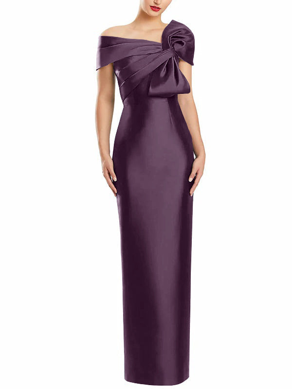 One Shoulder Long Mother of the Bride Gown with Bow in Sheath Column Style