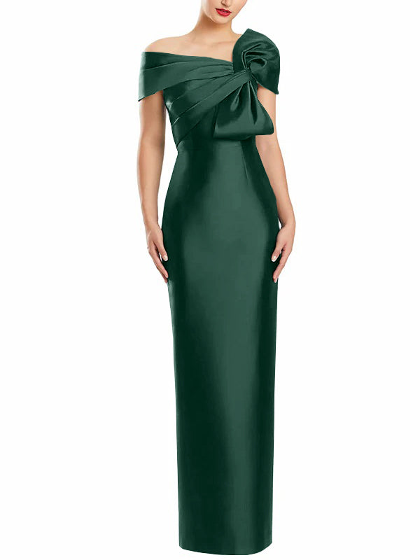 One Shoulder Long Mother of the Bride Gown with Bow in Sheath Column Style