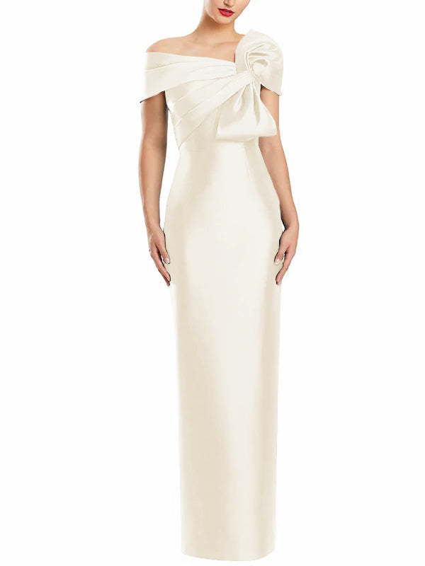 One Shoulder Long Mother of the Bride Gown with Bow in Sheath Column Style