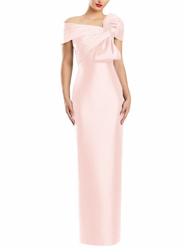 One Shoulder Long Mother of the Bride Gown with Bow in Sheath Column Style