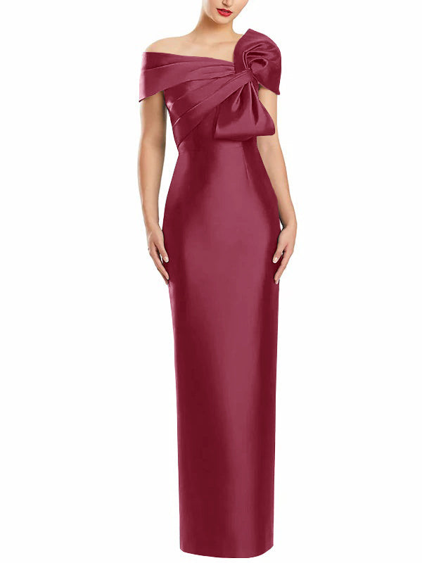 One Shoulder Long Mother of the Bride Gown with Bow in Sheath Column Style