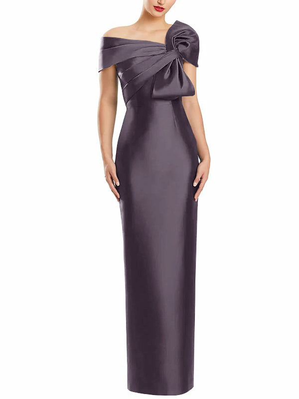 One Shoulder Long Mother of the Bride Gown with Bow in Sheath Column Style