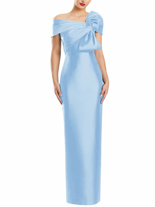 One Shoulder Long Mother of the Bride Gown with Bow in Sheath Column Style