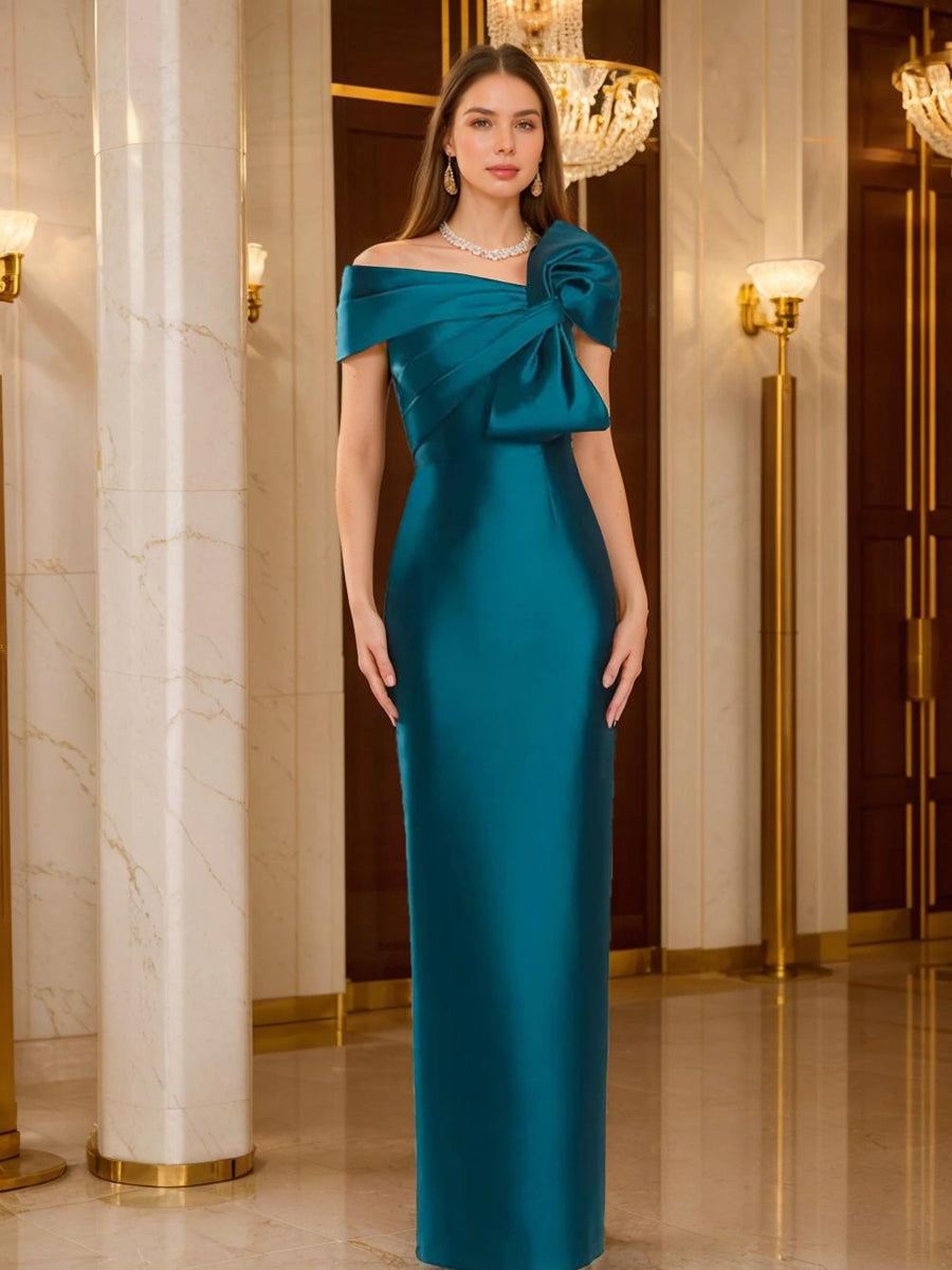 One Shoulder Long Mother of the Bride Gown with Bow in Sheath Column Style