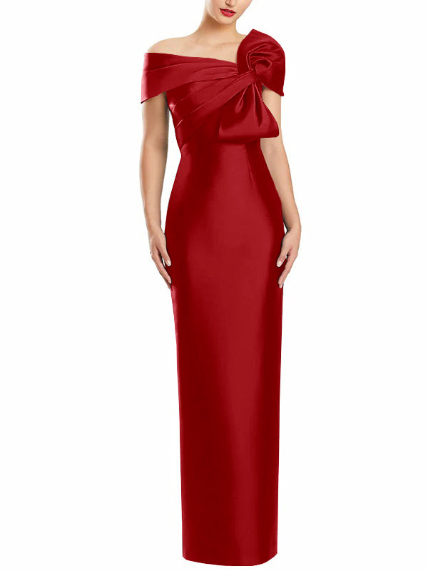 One Shoulder Long Mother of the Bride Gown with Bow in Sheath Column Style