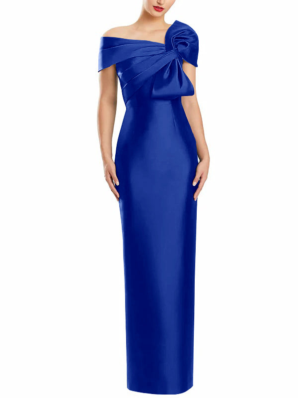 One Shoulder Long Mother of the Bride Gown with Bow in Sheath Column Style