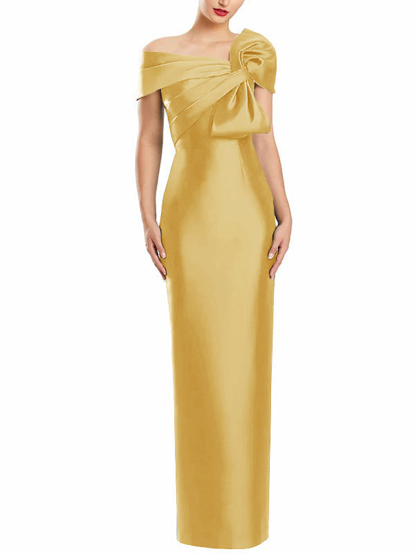 One Shoulder Long Mother of the Bride Gown with Bow in Sheath Column Style