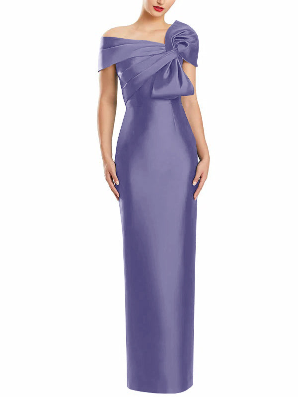 One Shoulder Long Mother of the Bride Gown with Bow in Sheath Column Style