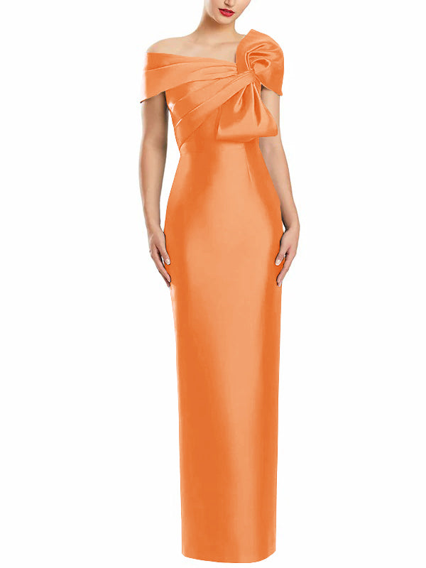 One Shoulder Long Mother of the Bride Gown with Bow in Sheath Column Style