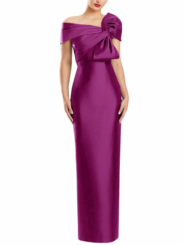 One Shoulder Long Mother of the Bride Gown with Bow in Sheath Column Style