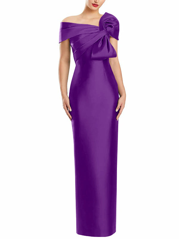 One Shoulder Long Mother of the Bride Gown with Bow in Sheath Column Style
