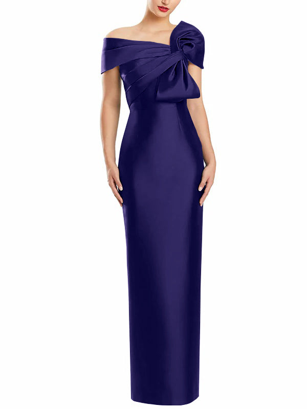 One Shoulder Long Mother of the Bride Gown with Bow in Sheath Column Style