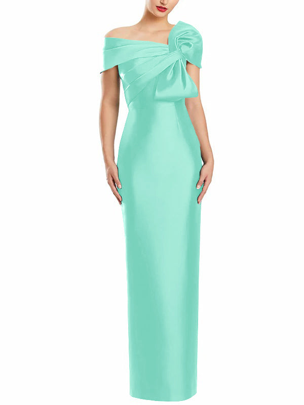One Shoulder Long Mother of the Bride Gown with Bow in Sheath Column Style