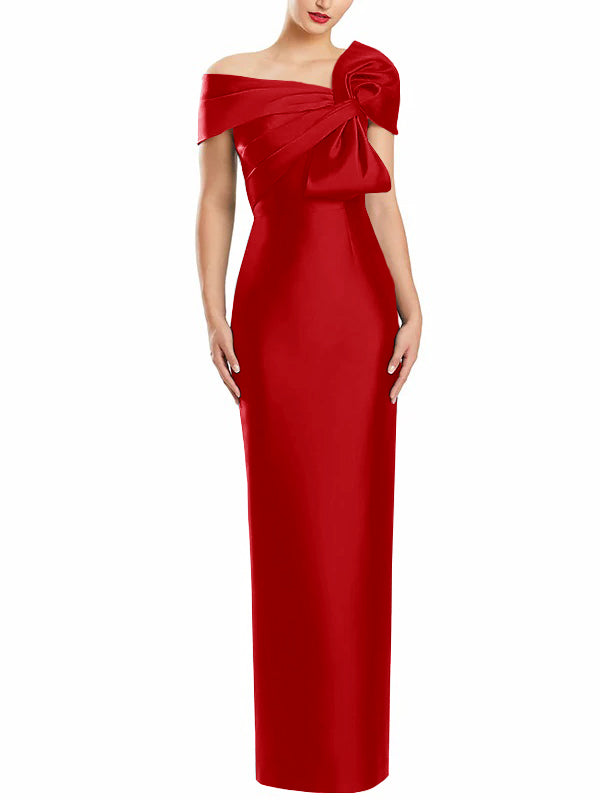 One Shoulder Long Mother of the Bride Gown with Bow in Sheath Column Style