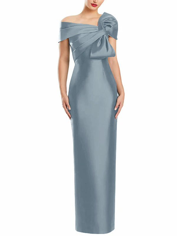 One Shoulder Long Mother of the Bride Gown with Bow in Sheath Column Style