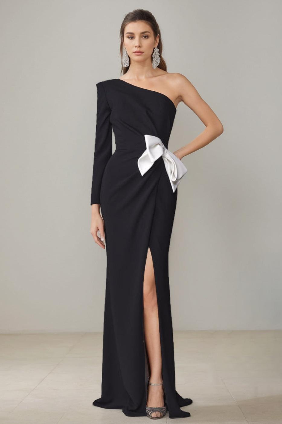 One Shoulder Long Mother of the Bride Gown with Side Split and Bowknot